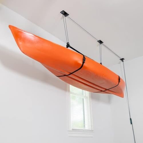 Teal Triangle Polea para kayaks, canoas y tablas de remo, elevador de almacenamiento de garaje resistente, colgador de kayak con capacidad para 150 libras y se adapta a techos de garaje de 10 a 14