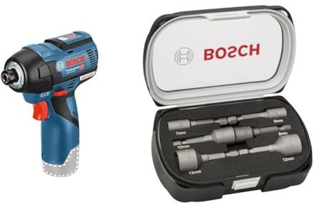 Bosch Professional - Visseuse à chocs 12 V couple 110Nm sans batterie ni chargeur - GDR 12V-110 Professional, Bleu, Seul + Bosch Accessories 2608551079 Set de 6 Douilles 50 mm/6 7 8 10 12 13 mm Gris