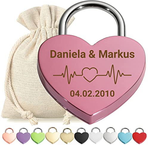 Herz Liebes-Schloss Bügelschloss Vorhängeschloss Graviert Pink - Motiv Herzfrequenz - personalisiert - weißer Stoffbeutel - Geschenkidee Valentinstag - Paar-Geschenk present - jetzt gestalten