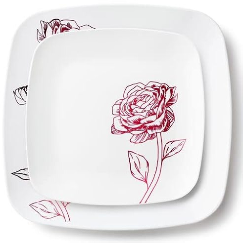 Decorline 32 platos de plástico elegantes, estables, reutilizables, cuadrados blancos con flores rojas, juego de 2 platos llanos de 25 cm + platos de postre de 18 cm cada uno con 16 unidades, color