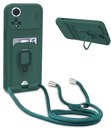 BGHHEU Handykette Schutzhülle kompatibel mit Huawei Honor 50 / Nova 9 Handyhülle mit Band,Schiebe Kameraschutz,360 Grad Ringhalter Stand,Kartenfach,Verstellbarer Halskette Silikon hülle - Dunkel Grün