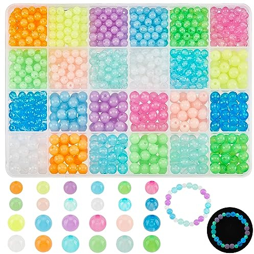 PH PandaHall 1020 Stück 12 Farben Im Dunkeln Leuchtende Perlen 6/8mm Leuchtende Acrylperlen Leuchtende Perlen Set Für Schmuckherstellung Armband Halskette Fußkettchen Taillenkette Dekoration