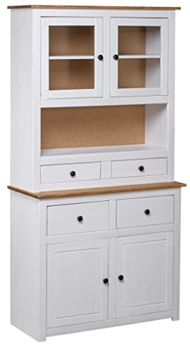 KOIECETA Panama-Kiefer Massiv Highboard mit 4 Schubladen 4 Türen Rustikal Kommode Anrichte Schrank Vitrine Standschrank 93x40,5x180cm (Weiß)