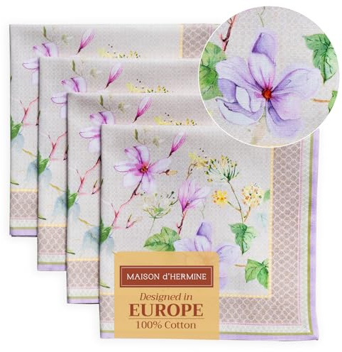 Maison d' Hermine Lot de 4 Serviettes de Table 100% Coton, carrées, réutilisables et lavables, pour Un Usage Quotidien, dîner, Mariage Printemps Été (Magnolia Mornings, 45 cm x 45 cm)