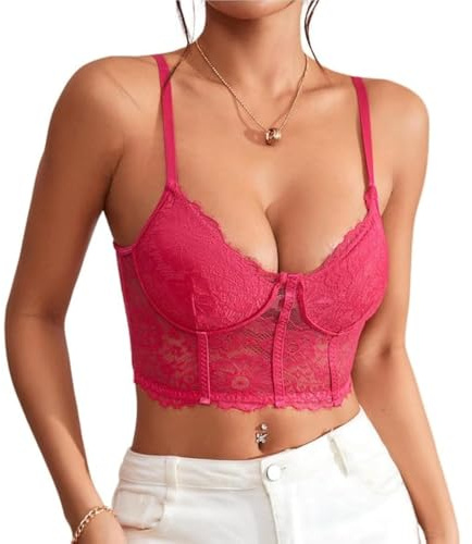 Rongseng Crop Top Damer Sexig Spets Magfri Camilos Spagettiremmar V-Ringad Spetstopp Bralettes Undertoppar Sommar Cami Linne, Rosa, M