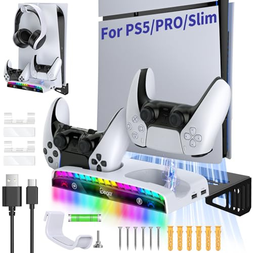 RGB Wandhalterung für PS5/Pro/Slim mit doppelter Controller-Ladestation | PlayStation 5 Halterung für Disc & Digital, 15 RGB-Leuchten, 3 USB-Typ-C-Anschlüsse und Headset-Halterung