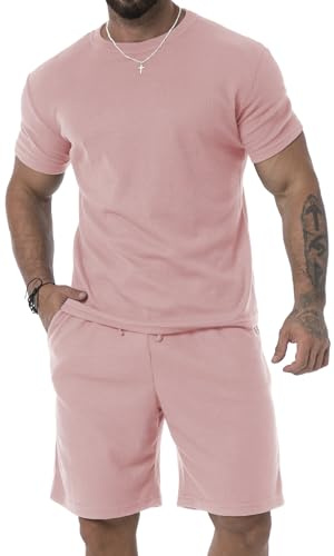 KUYIGO Traje de verano para hombre, pantalones cortos y camisa, traje casual de 2 piezas, transpirable, holgado