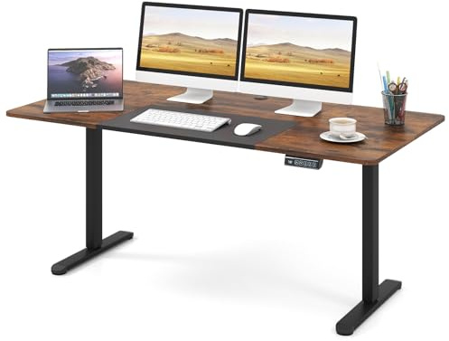COSTWAY Bureau Électrique Réglable en Hauteur, 140 x 70 cm, Table Assis Debout avec Moteur Puissant et Fonction Mémoire 3 Hauteurs, Système Anti-Collision, Gestion des Câbles (Marron Rustique)