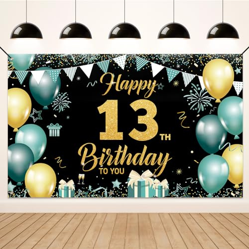 Koliphy 13. Geburtstagsbanner, 13. Geburtstag Deko für Jungen Mädchen, Stoff 13. Birthday Banner Hintergrund Party Dekoration Drinnen und Draußen (Grün Gold)