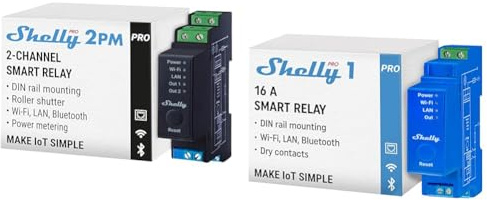 Shelly Pro 2PM | Wlan, LAN & Bluetooth 2-Kanal-Smart-Relais-Schalter mit Leistungsmessung & Pro 1 | WiFi & Bluetooth 1-Kanal-Smart-Relais-Schalter