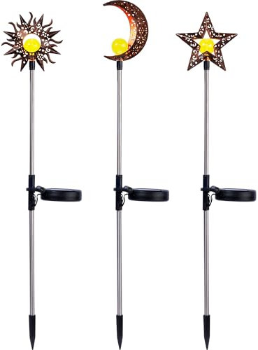 dobar® Gartenstecker solar im 3er Set aus Metall für Außen im Design Sonne, Mond, Stern - Wetterfeste Outdoor Solarlaterne am Stab für den Garten, Gold