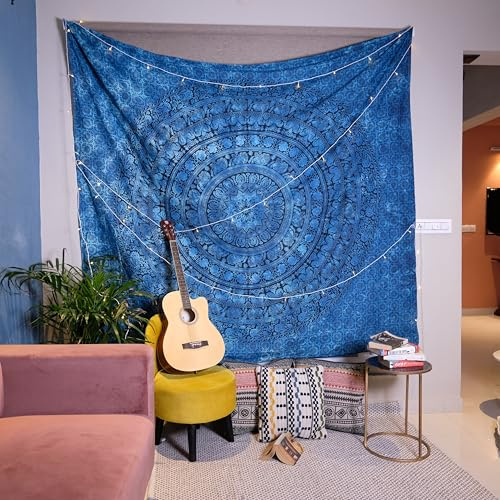Craft Trade Mandala Blau Wandteppich Indische Wandtuch Tapestry Wandbehang Boho Wandteppiche für Heimdeko Wohnzimmer und Schlafzimmer - 228 x 274 cm