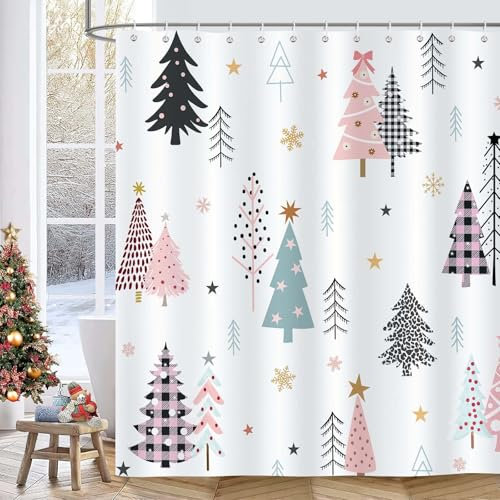 Bonhause Tenda Doccia Albero di Natale Rosa Buffalo Plaid Pino Fiocco di Neve Inverno Tende per Doccia in Poliestere Impermeabile Antimuffa Lavabile Tende Bagno 180 x 180 cm con 12 Ganci