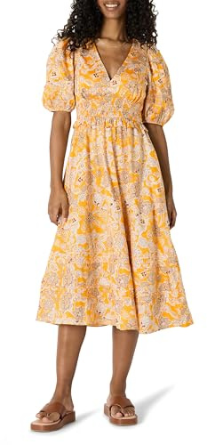 Amazon Essentials Abito Midi in Raso di Cotone con Busto Aderente e Gonna Svasata, Maniche a Sbuffo e Scollo a V Donna, Giallo Drato Beige Multi Folk Floral, M