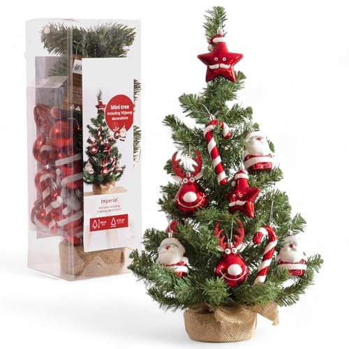 MIJOMA Mini-Weihnachtsbaum im Jutesäckchen | Dekoriert mit 10 Figuren | Bruchfester Kunststoff | Realistische Soft Needles | Standfest & Dekorativ | Ø35cm, Höhe 60cm (Baumschmuck Rot)