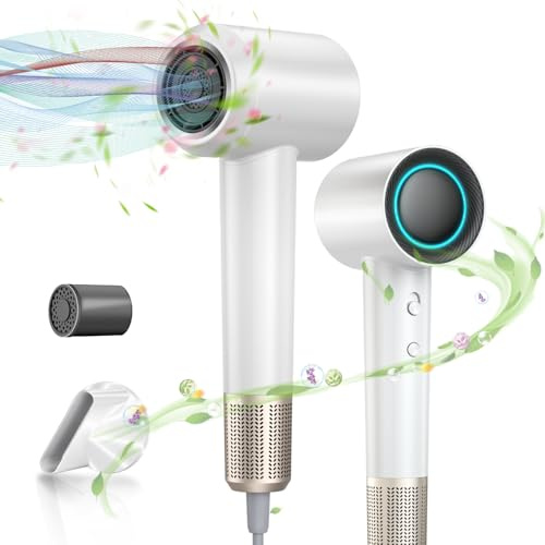 High-Speed Negative Ion Hair Dryer - 110,000 RPM Brushless Motor Blow Dryer, Portable Design with 360° Rotating Magnetic Nozzle & LED Display - Perfect for Family, Salon and Travel Use (White)