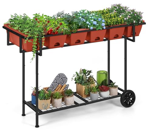 Vrisa Standing Raised Garden Bed Outdoor with Legs 43x17x29 in Metal Elavated Planter Box with Storage Shelf and Wheels Vegetables Herbs Flowers Gardening Boxes for Backyard, Patio, Balcony, Brick Red
