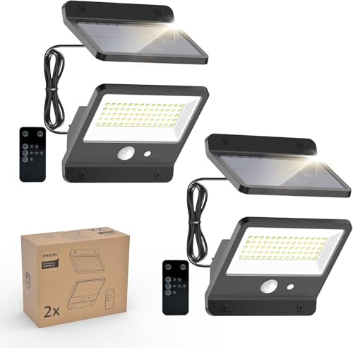 Philips Solar Security Outdoor LED 6500K, Solar-Powered Flood w/PIR Motion Sensor, Remote Control w/16ft Cable, IP65 Waterproof, 3 Modes (2)