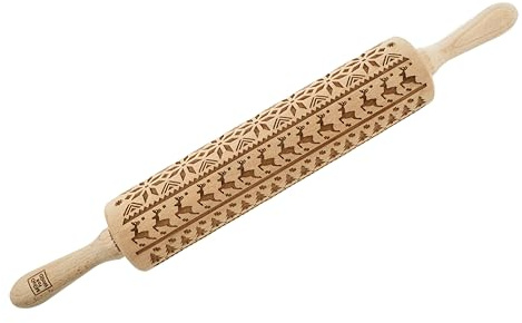 MoodForWood Teigroller aus Holz, Gravierte Holzrolle mit Wunschname auf Griff, Roller mit Muster für Teig, Kuchen & Backwaren, Nudelholz für Müheloses Ausrollen, Ø 6 cm x 43 cm, Norweger-Muster