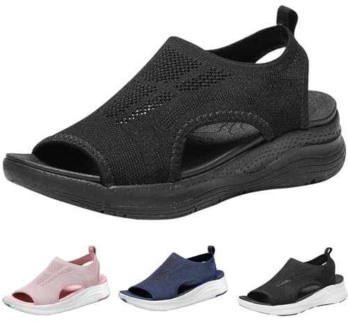 Sandaler dam sommar tvättbar slingback ortopediska glid-sportsandaler med hålfotsstöd plattform kil promenadstrand vattenskor ledig tjock botten bekväm stickad, Svart, 39 EU
