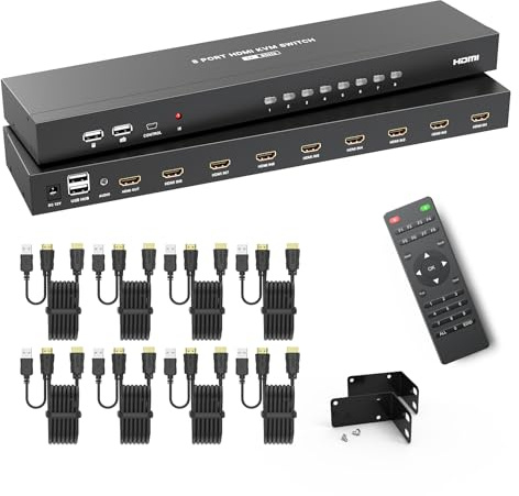 MT-VIKI 4K@60Hz HDMI KVM-switch 8-port med 8 kablar och 3,5 mm ljud 19 tum 1U rackmount-KVM-switch med 4 USB 2.0, HDMI 2.0, HDCP 2.2