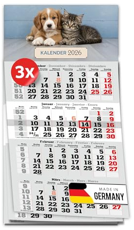 PRIMUS PRINT 4-Monats Einblockkalender 2026 mit Schieber - Wandkalender zum Aufhängen - großer Monatskalender- inklusive Feiertagen - verschiedene Motive, verschiedene Sets [ 3x Welpen-Duo ]
