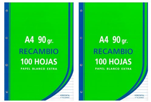 Tradineur - Pack de 200 hojas rayadas A4 perforadas con margen, recambio hojas sueltas para archivador, 4 taladros, papel 90 g, material escolar, oficina, modelo aleatorio
