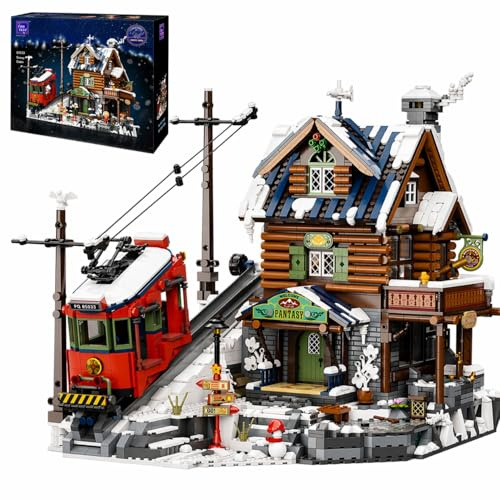 PANTASY Skihütte Klemmbausteine Set mit Vintage-Seilbahn | 3-stöckige Berghütte mit Vintage-Seilbahn, Eishöhle, Schneelandschaft, aufklappbarer Wand und Minifiguren