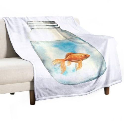 Soft Throw Blanket Watercolor Gold Fish Glass Jar Cozy Warm Flannel Comfy Fall Blankets Throws for Couch Bed Sofa All Season Women Men Lighweight Home Decor 55 * 70inches