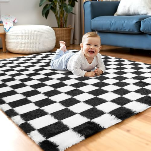 Enyhom Hochflor Teppich Wohnzimmer Flauschig Waschbar Anti Rutsch Teppich Weich Moderner Kariert Teppiche für Schlafzimmer Kinderzimmer - 160x230 cm, Schwarz & Weiß