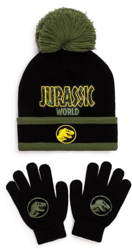 Jurassic World Jungen Beanie Mütze & Handschuhe Set - 100% Acryl Winter Bommelmütze & Stretch Handschuhe - Dinosaurier T-Rex Winter Zubehör Set
