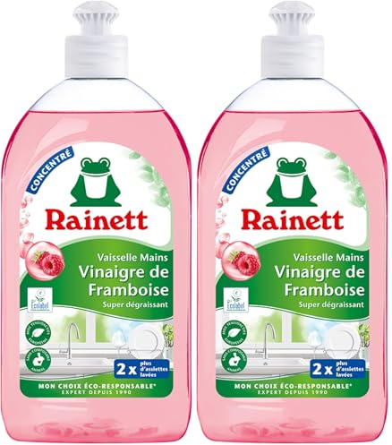 RAINETT - Liquide Vaisselle Mains au Vinaigre de Framboise - Formule Concentrée Super-Dégraissante - Testé Dermatologiquement - Flacon Recyclé & Recyclable - Ecolabel - Format Compact - 500 ml