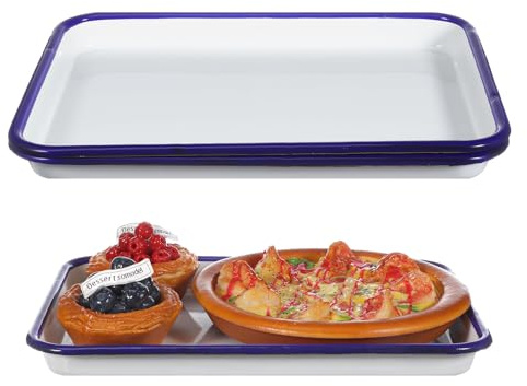 BATHVEVE 2pcs White Enamel Baking Pans 26X18Cm Square Non-Stick Oven Tray Set for Roasting, Multi-Functional Kitchen Bakeware Suitable for Oven and Pizza Baking