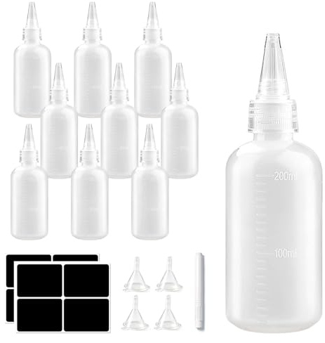 200ml Quetschflasche 9 Stück Squeeze Flasche mit Trichter Etiketten Marker | Lebensmittelechtes PE, Präzise Dosierung, Wiederverwendbar für Küche, Backen, Saucen, Senf, Öl