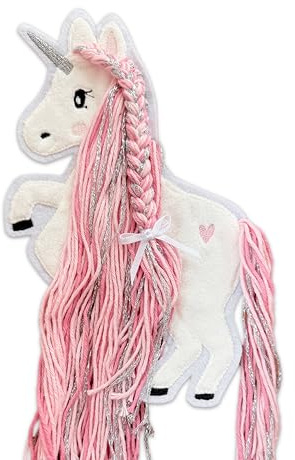 Applikation Einhorn mit Wollmähne Rosa Silber Aufbügler für DIY Schultüte Zuckertüte Bügelbild Patch Bügelpatch Pferd weiß Glitzer (Mittel (9x15 cm))