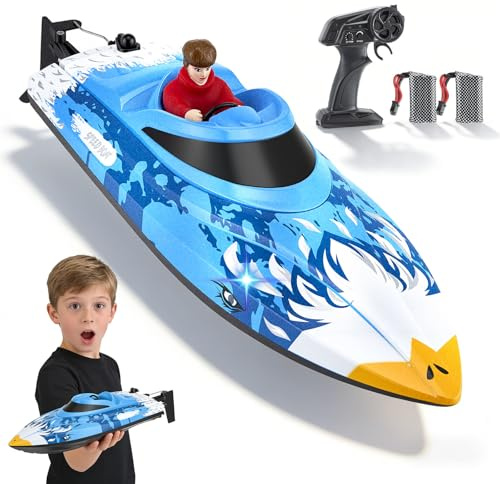Ferngesteuertes RC Boot 25 km/h - 2,4 GHz Fernsteuerung mit 120m Reichweite - Wasserdichtes Speedboot mit LED & Flip-Funktion - 2 Akkus & Wasserkühlung für Pool See Erwachsene Kinder, Blau + Muster