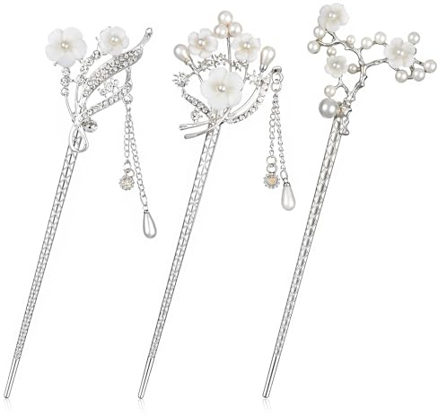 Chinese Hair Stick, 3-Piece Silver Alloy Vintage Style Rhinestone Hair Chopsticks with Faux Pearl Decoration for Women, Weddings, Parties and Daily Use, 5.9 Inch Length