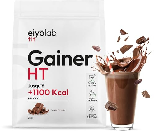 GAINER HT | 2 Sources de Protéines Natives + 2 Sources de Glucides + MCT | Gainer Prise de Masse Musculation | Whey + Caséine + Maltodextrine + Psyllium | Boisson Shaker Goût Chocolat | 2 kg | Eiyolab