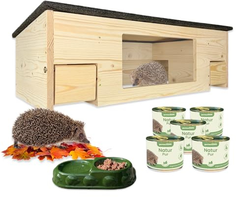 GARTENETAGE Igel-Fütterungsset mit Igelfutterhaus & Beobachtungsfenster – Sicheres Igelfutterhaus mit Rattenklappen, Futter-Oase & 5X Premium-Igelfutter für artgerechte Igelhilfe im Garten