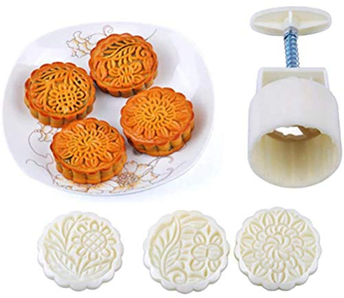 RASTKY Exquisito Molde para Pastel de Luna a Presión Manual con Varios Patrones, Juego de Moldes para Pastel de Luna de 4 Piezas, Adecuado para Mini Refrigerios, 14 * 5 Cm, 14 * 4,5 Cm, * 7, * 6,