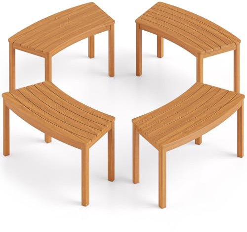 COSTWAY Gartenbank Holz Wetterfest 4er Set, Sitzbank ohne Rückenlehne, Gebogene Holzbank, Parkbank aus Akazienholz, Bank für Garten, Balkon, Terrasse (Natur)