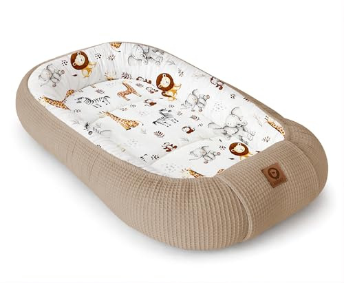 Babynestchen Neugeborene – Nestchen Baby aus Waffel Baumwolle & Baumwollstoff – Babynest für Babybett & Kinderbett – Baby Kokon Tragbar – OEKO-TEX zertifiziert – Zubehör für Babybett - ZOO und Braun