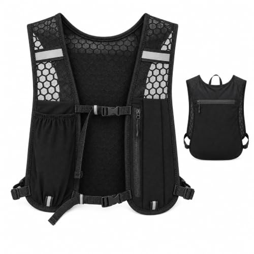 Gilet da corsa unisex, riflettente, regolabile, cinghie pettorali regolabili, con scomparto per bottiglia morbida da 500 ml e tasca per cellulare, per corsa, campeggio, escursionismo, ecc