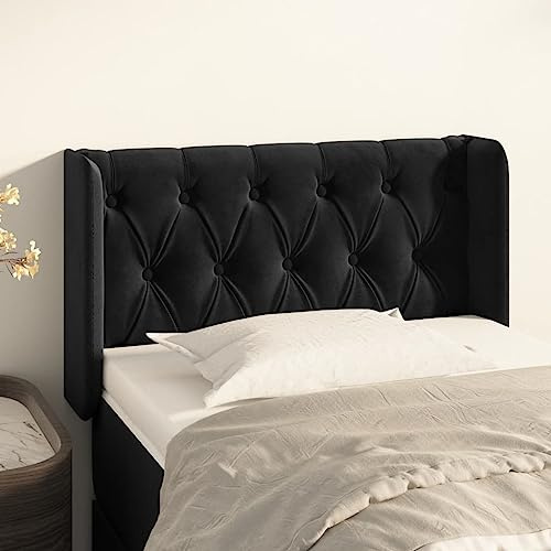 zylophax Kopfteil mit Ohren Schwarz Samt 83x16x78/88 cm, gepolstertes Wandkissen als Rückenlehne, Montagezubehör inklusive, komfortable Stütze zum Anlehnen im Schlafzimmer