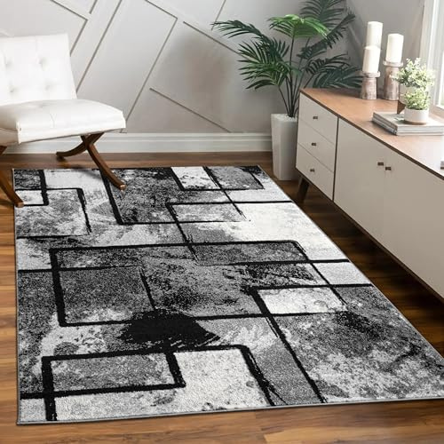 Paco Home Teppich Wohnzimmer Modern Kurzflor Abstrakt Gemälde Optik Schwarz Grau Anthrazit, Grösse:240x340 cm