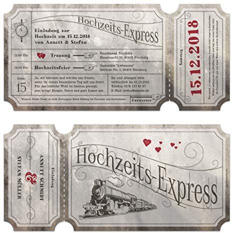 Kartenmachen.de 10 x Lasergeschnittene Vintage Hochzeitseinladungen individuell mit Ihrem Inhalt und echtem Abriss - Marmor Zugticket Hochzeitsexpress