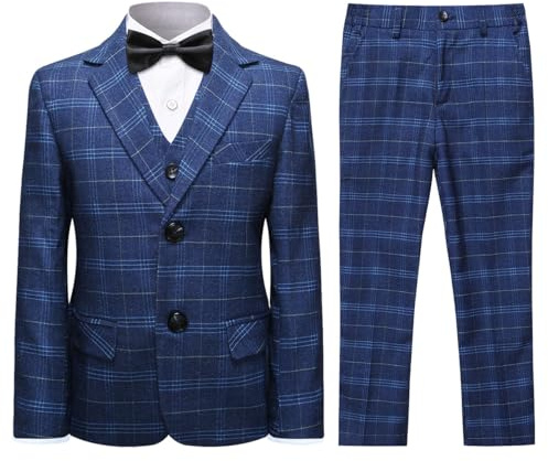 SWOTGdoby Boys Plaid Suits 3 Pieces Suit Set Blazer Vest Pants Formal 7 Colors for Wedding Party Navy Blue