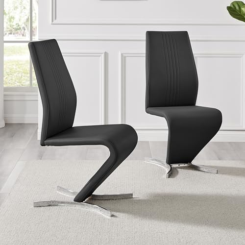 Furniturebox UK Dining Chairs Set of 2 - Willow Faux Leather Chrome Metal Dining Room Chair Set, Statement Luxury Modern Z Chairs (2x Black Dining Chairs)