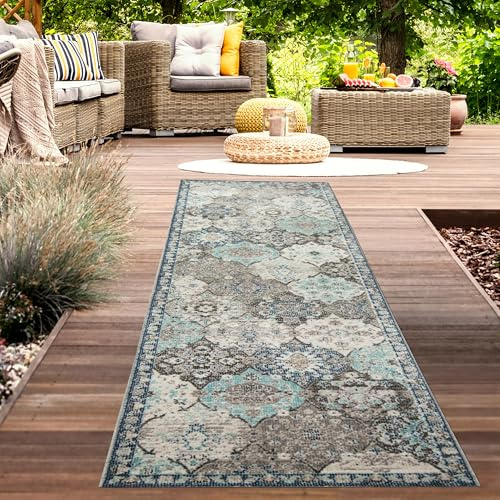 CARPETIA Outdoor Teppich Ornamentmuster Blau Grau Wetterfest 80x300 cm | Pflegeleicht, wetterfest, strapazierfähig und saugrobotergeeignet, OEKO-TEX geprüft, für Balkon, Terrasse & Essbereich
