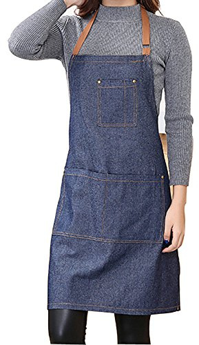 YEKEYI Jeansschürze mit Tasche, verstellbare Küchenschürze mit 3 Taschen, Unisex, Schürze für Damen und Herren, mit Tasche zum Kochen